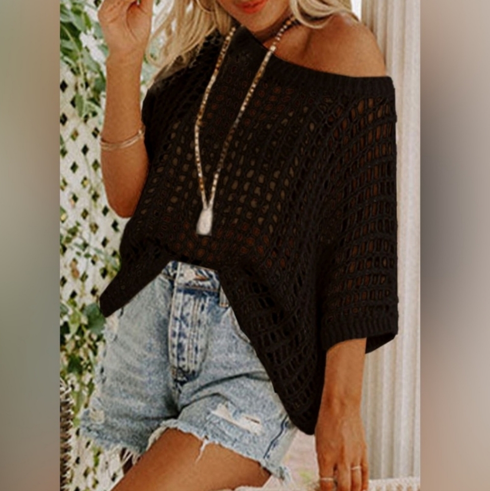Crochet Open Weave Knit Eggshell Black Bohemian Top, Fishnet - Picture 11 of 12